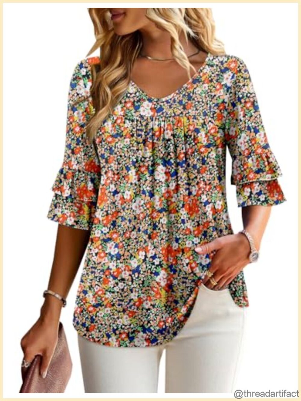Womens 3/4 Sleeve V-Neck Floral Tunic Top Loose Fit Blouse